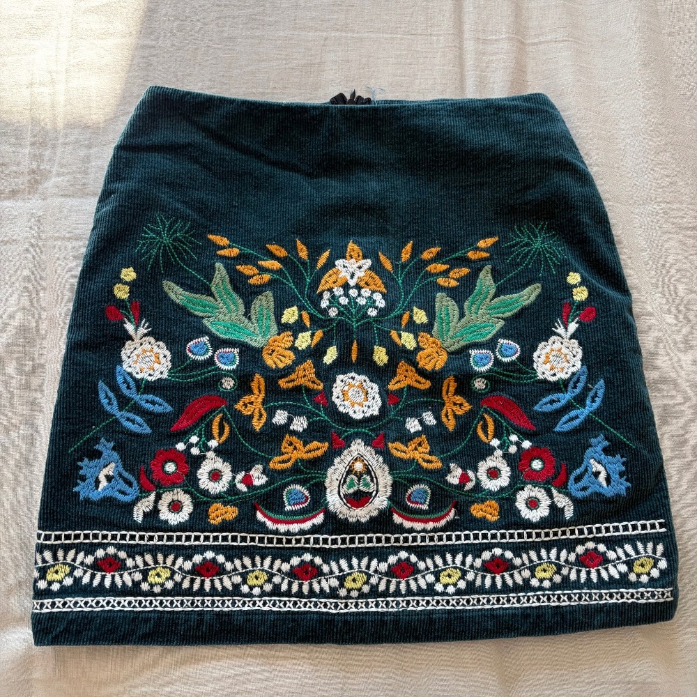 Blue Embroidered Corduroy Mini Skirt